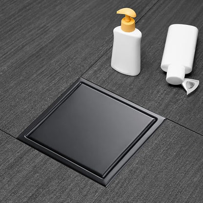 Square Shower Drain Black 6 inch with 2 in 1 Tile-Insert Cover | AISI 304 Stainless Steel Brushed Shower Floor Drain with Removable Hair Catcher and Flange Fits Bathroom Balcony Kitchen