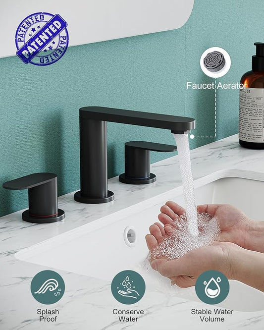 BWE Matte Black Bathroom Faucet 3 Hole - 8 Inch Widespread Bathroom Sink Faucet, Pop-up Drain and Supply Lines, 360° Swivel Spout 2-Handle Black Vanity Faucets for Bath