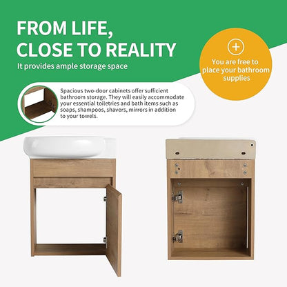 16 inch Floating Bathroom Vanity with Sink, 16'' Wall-Mount Single Sink Vanity with Soft-Close Door & White Ceramic Top, for Small Space, Modern Bathroom Storage Cabinet (029-16IMOX)
