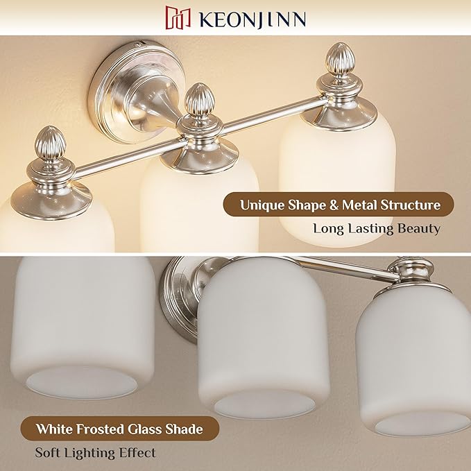 Keonjinn Brushed Nickel Bathroom Light Fixtures, 3-Light Vintage Vanity Lights for Mirror with Frosted Glass Shades, UL Listed E26 Base Reversible Vanity Lighting Fixtures for Wall(Bulbs Not Included)