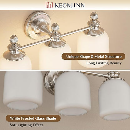 Keonjinn Brushed Nickel Bathroom Light Fixtures, 4-Light Vintage Vanity Lights for Mirror with Frosted Glass Shades, UL Listed E26 Base Reversible Vanity Lighting Fixtures for Wall(Bulbs Not Included)