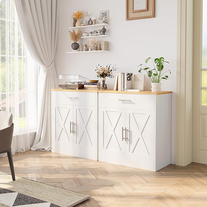 Shintenchi Farmhouse Storage Cabinets with Doors and Shelves,Kitchen Barn Door Storage Cabinet with Drawers,Coffee Bar Cabinet Buffest Sideboard for Dining Room,Bathroom,Entryway