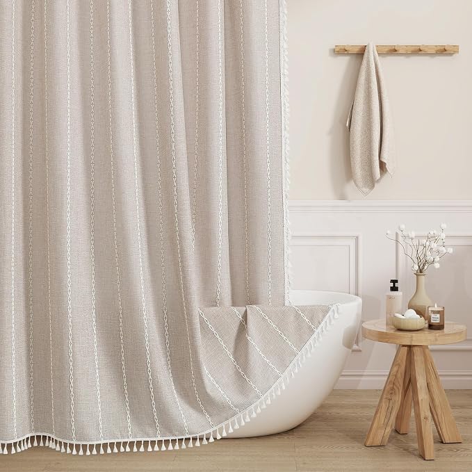 Boho Farmhouse Tassel Linen Shower Curtain,3D Embroidery Stripe Taupe,72x78 | Long Tall,310GSM Striped Texture Heavy Duty Cloth,Water Repellent,Wrinkle Resistant,Vintage Rustic Country design