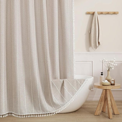Boho Farmhouse Tassel Linen Shower Curtain,3D Embroidery Stripe Taupe,72x78 | Long Tall,310GSM Striped Texture Heavy Duty Cloth,Water Repellent,Wrinkle Resistant,Vintage Rustic Country design