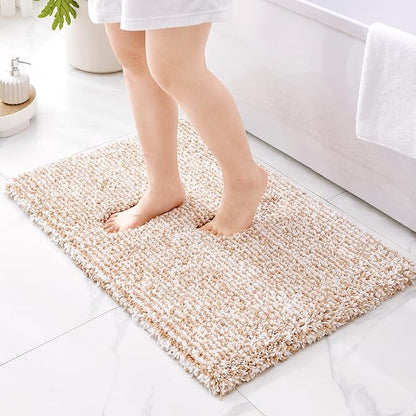 ILANGO Beige and White Bathroom Rugs 24" × 17" Small Non Slip & Super Absorbent Extra Thick Soft, Washable Bath Mat for Floor, Microfiber Plush Shaggy Bath Rug with Rubber for Bathtub Shower Room Sink