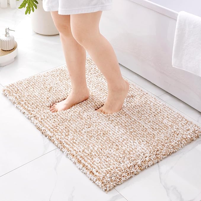 ILANGO Beige and White Bathroom Rugs 30" × 20" Non Slip & Super Absorbent Extra Thick Soft, Washable Bath Mat for Floor, Microfiber Plush Shaggy Bath Rug with Rubber for Bathtub Shower Room Sink