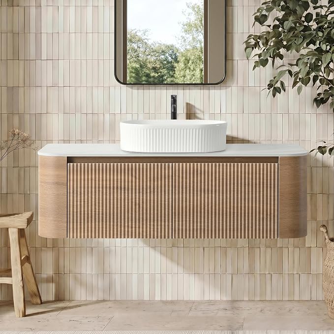 48" Floating Bathroom Vanity with White Sink, Honey Oak | Pre-Assembled Fluted Wall Mounted Vanity with Ceramic Vessel Sink, Rounded Edges, Soft-Close Drawer & Towel Rack