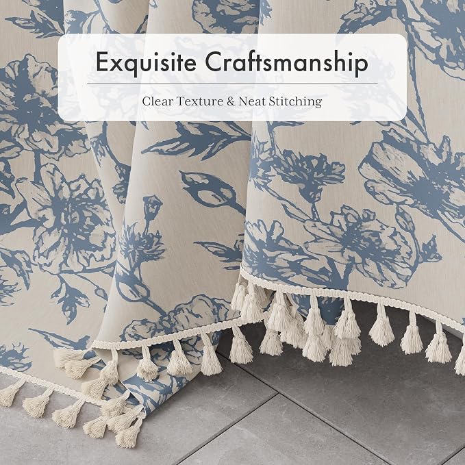 AmazerBath Light Blue Floral Shower Curtain, Modern Farmhouse Shower Curtain Set with Tassels, Rustic Faux Linen Shower Curtain Washable with Hooks for Cottagecore Style, 72x72 Inches