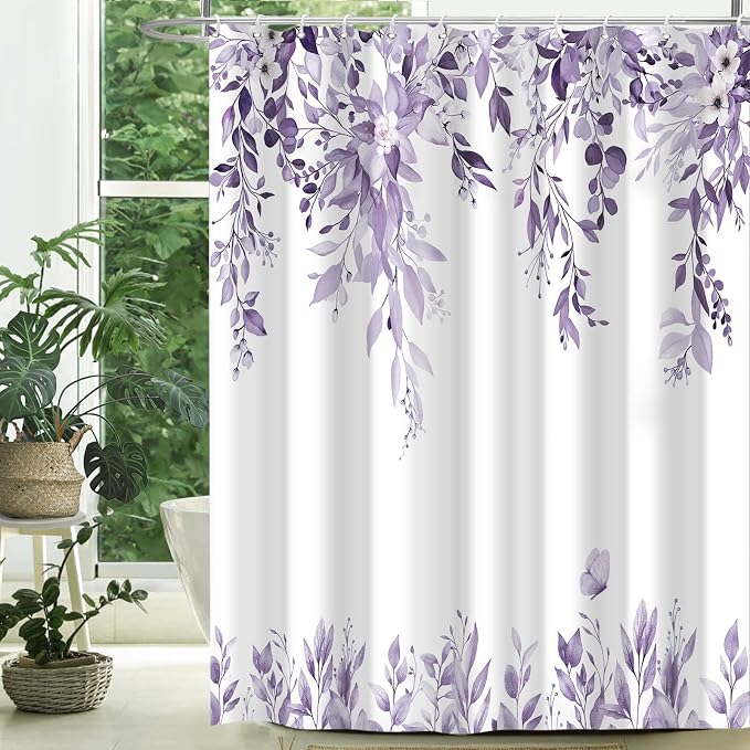 Light Purple Floral Eucalyptus Shower Curtain with Hooks, 72x72 Inch