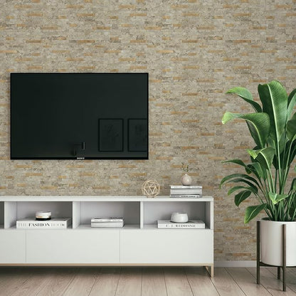 STICKGOO Peel and Stick Backsplash Tile, Stick on Backsplash for Kitchen and Bathroom, Stone Beige Marble Look PVC Mixed Metal Gold Self Adhesive Wall Tiles(10 Sheets)