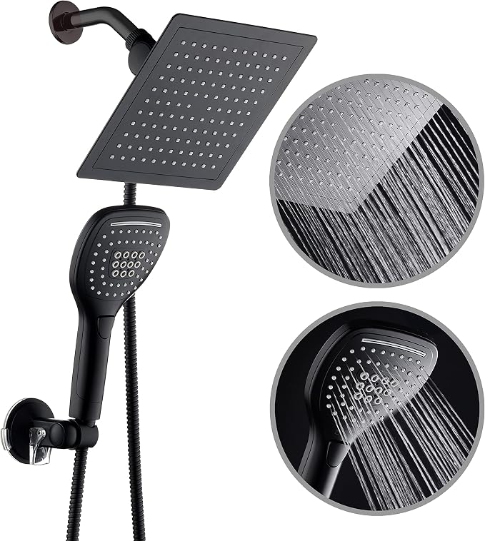DreamSpa Ultra-Luxury 9-inch Square Rainfall & Handheld Shower Head Combo | Enjoy Extra-wide Flow Coverage and Convenient Push-button Hand Shower Mode Control. Premium Stainless Steel Hose / Black