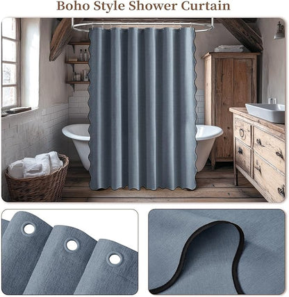 BTTN Extra Long Shower Curtain, 96 Inch Boho Scalloped Linen Textured Thick Fabric Shower Curtain Set with 12 Hooks, Large Elegant Vintage Waterproof Shower Curtains for Bathroom, 72x96, Blue Grey