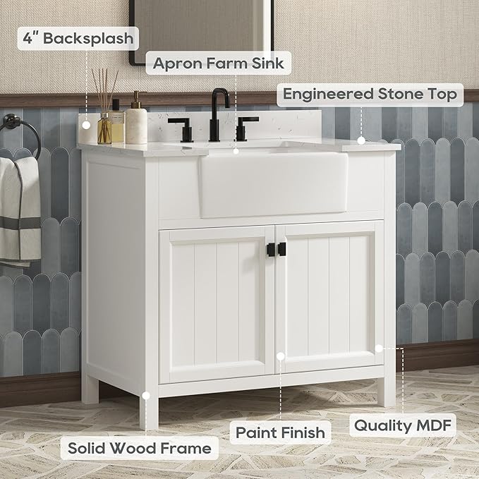 36 Inch Bathroom Vanity with Sink, Farmhouse Bathroom Sink Cabinet with Adjustable Feets, Solid Wooden Frame Single Sink Bathroom Vanity with Soft Closing Doors, Apron Farm Sink, White