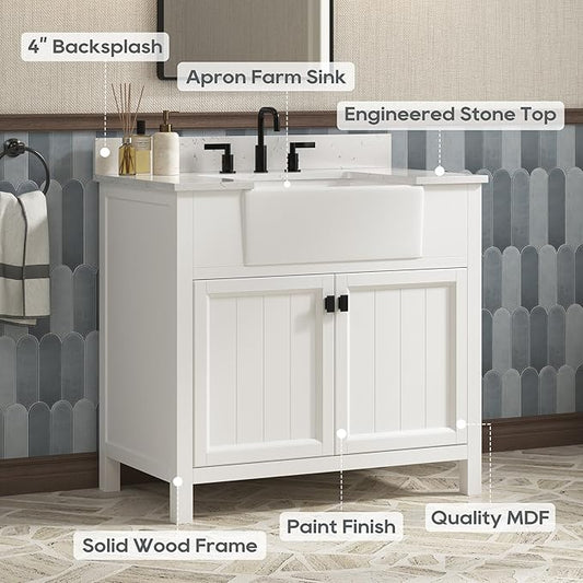 36 Inch Bathroom Vanity with Sink, Farmhouse Bathroom Sink Cabinet with Adjustable Feets, Solid Wooden Frame Single Sink Bathroom Vanity with Soft Closing Doors, Apron Farm Sink, White