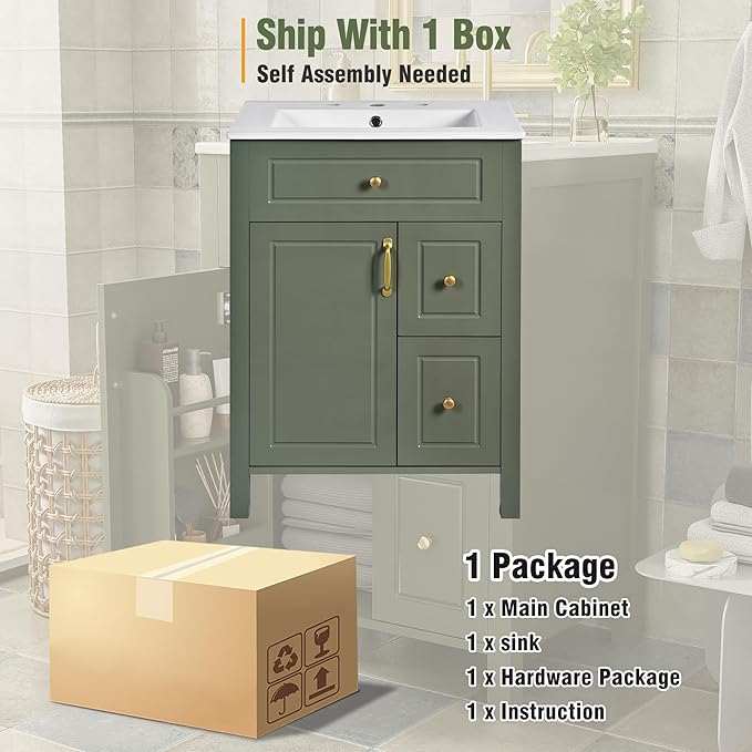 Favfurish 24" Bathroom Vanity with Ceramic Sink,Free Standing Single Basin Vanity w/Soft Close Door and Soft Closing Drawers,Wooden Bath Cabinet with Double Storage Racks on The Door,Green