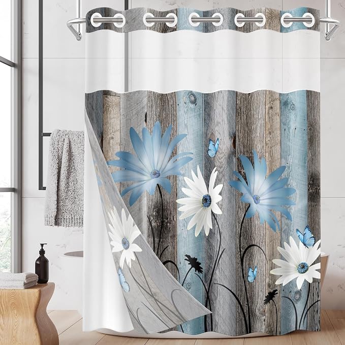 No Hook Shower Curtain with Snap in Liner 71x86 Inch Blue Daisy | Farmhouse Rustic Butterfly Modern Double Layers Waterproof Fabric with See Through Top Window Open Grommet Bath Curtain