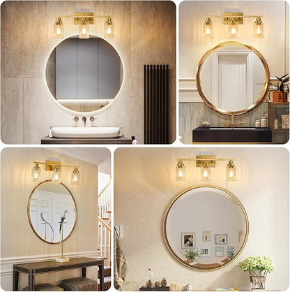 Jonsi 3 Light Brushed Gold Bathroom Vanity Lights with Fluted Glass Shade, Modern Gold Bathroom Lights Over Mirror