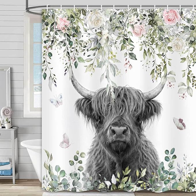 Highland Cow Shower Curtain, Floral Eucalyptus & Butterfly Farmhouse Bathroom Decor, Waterproof Washable Polyester Fabric, Shower Curtains Set with Hooks, 72X72inch