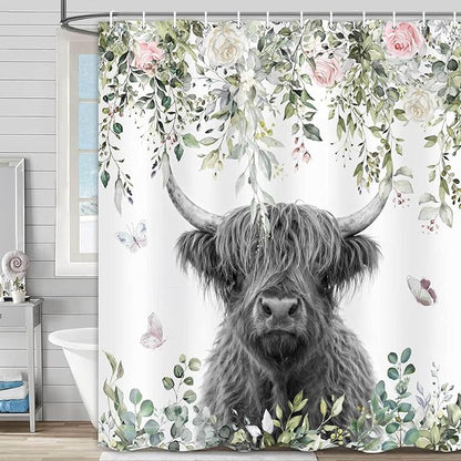 Highland Cow Shower Curtain, Floral Eucalyptus & Butterfly Farmhouse Bathroom Decor, Waterproof Washable Polyester Fabric, Shower Curtains Set with Hooks 71x84inch.