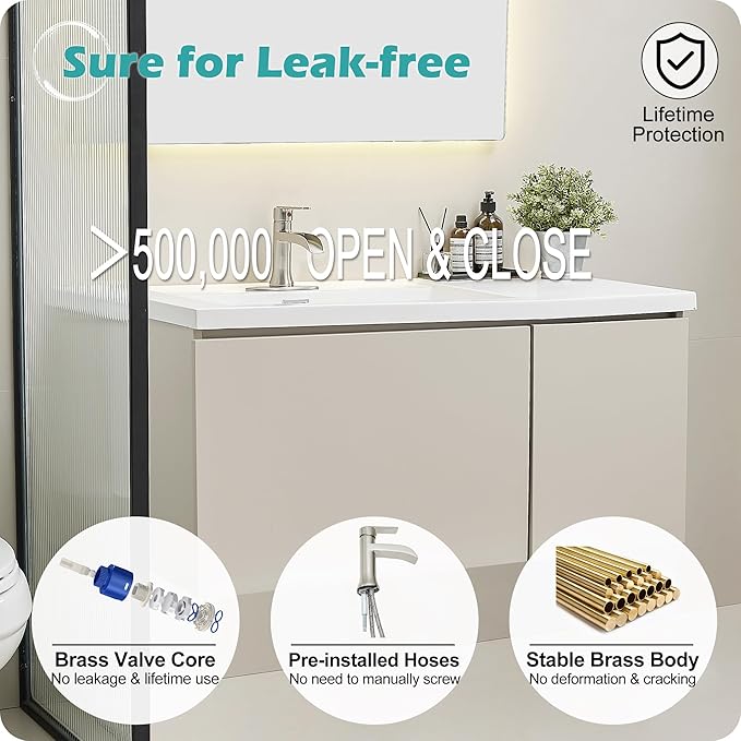 Bathroom Waterfall Faucet Single Handle, Brushed Nickel Faucet Bathroom Brass 1 Hole or 4 Inch 3 Hole Bathroom Sink Faucet, Restroom Faucets for Sink with Drain & Deck Plate for Hotel Apartment