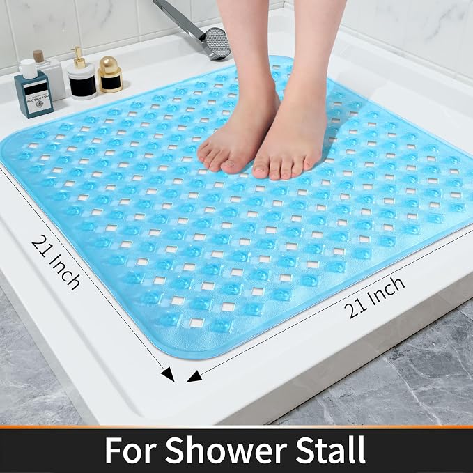 Yimobra Square Shower Mat Non Slip, Super Strong Suction Cups, 21"X21" Bath Tub Mat with Drain Holes, Machine Washable Fast Draining Bath Mats, Bathroom Essentials,Clear Blue