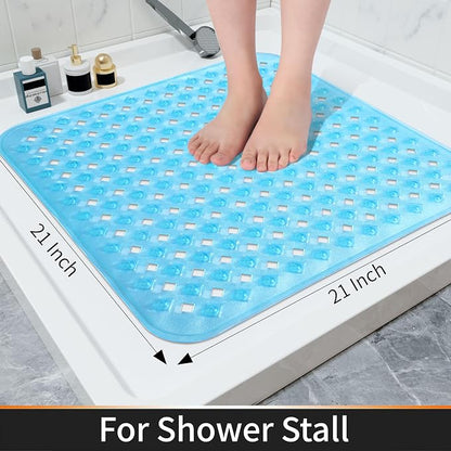 Yimobra Square Shower Mat Non Slip, Super Strong Suction Cups, 21"X21" Bath Tub Mat with Drain Holes, Machine Washable Fast Draining Bath Mats, Bathroom Essentials,Clear Blue