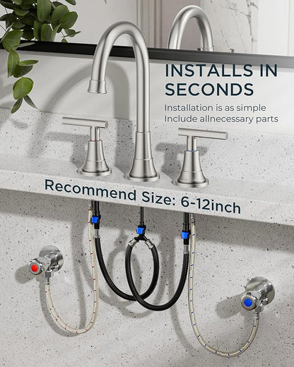 FORIOUS Brushed Nickel Bathroom Faucet 3 hole, 2 Handle 360° Swivel Gooseneck 8 Inch Widespread Bthroom Sink Faucet Brushed Nickel 3 Hole with Hot and Cold Water Hose, Farmhouse Restroom renovation