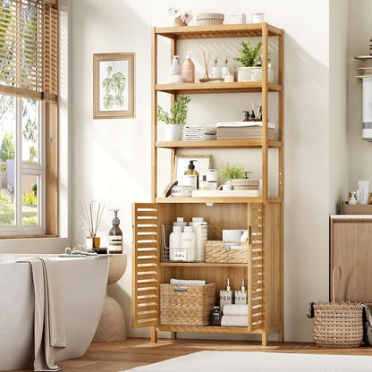 66" Tall Bathroom Storage Cabinet, Natural Bamboo Cabinet, for Narrow | Bathroom Floor Cabinet with 2 Doors & 4-Tier Open Shelves, Corner Freestanding Organizer Unit for Bath, Living Room, Entryway
