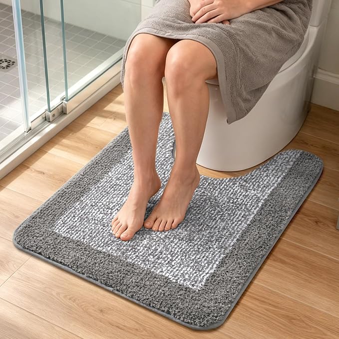Toilet Rugs U-Shaped 24x19, Non-Slip Plush Shaggy Quick Dry Bathroom Contour Rugs, Extra Soft Absorbent Chenille Washable Bath Mat for Toilet Base, Light Grey