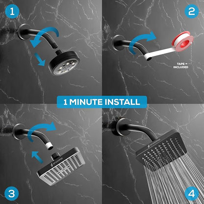 SparkPod Rain Shower Head, 6 Inch Square, Midnight Black Matte Finish | High Pressure Shower Heads, 90 Nozzles, Adjustable Showerhead, No Tools Needed, Universal Connection
