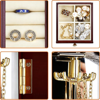 RR ROUND RICH DESIGN Vintage Jewelry Armoire with Mirror Brown | - Solid Wood Jewelry Box Organizer with 5 Drawers & 2 Glass Doors - Large Capacity Desktop Dresser Case