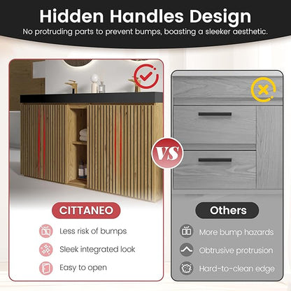 60" Bathroom Vanity with Double Sink, Freestanding Double Sink Bathroom Vanity with Black Engineered Stone Top, Open Storage Cabinet & Adjustable Shelf, 4 Soft-Closing Doors, Light Oak