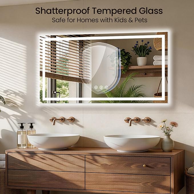 60x30 LED Bathroom Mirror with Anti-Fog, Backlit & Front Lit, Memory | Stepless Dimmable 3 Color CRI 95+ Shatterproof Tempered Glass ETL Listed for Safety Lighted Bathroom Vanity Mirror for Wall