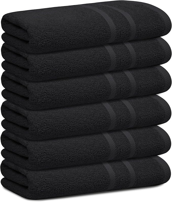 Looperry 6 Pack Small Bath Towel Set - 100% Cotton 23x46 Shower Towels in 450 GSM. Lightweight & Absorbent Quick Dry Gym Towel for Showering, Pet Drying, Spas & Salons. Terry Ringspun Towels (Black)