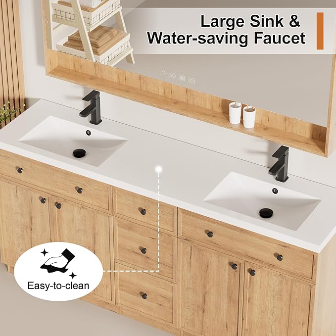 LUCKWIND 72" Bathroom Vanity Sink Combo, Modern Bathroom Cabinet with Double Undermount Solid Surface Vanity Sink, Soft-Close Hinges & Water-Saving Faucet, Natural