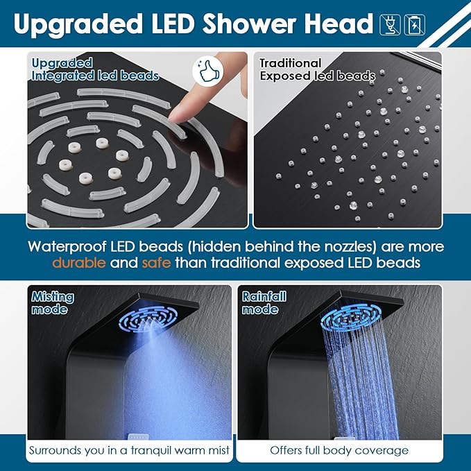 ROVOGO Shower Panel Tower System with Rainfall Mist Shower Head, Body Jets, Handheld and Tub Spout, Led Lights and Temp Display No Battery Needed, Unibody Shower Column 304 Stainless Steel Black