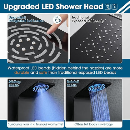 ROVOGO Shower Panel Tower System with Rainfall Mist Shower Head, Body Jets, Handheld and Tub Spout, Led Lights and Temp Display No Battery Needed, Unibody Shower Column 304 Stainless Steel Black