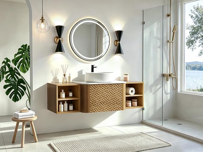 48 Inch Modern Bathroom Vanity with Ceramic Sink, Floating Bathroom Sink Cabinet with Sintered Stone Top&Solid Wood Hammered Frame, Single Bathroom Vanities w/Soft-Close Drawer&2 Side Open Cube