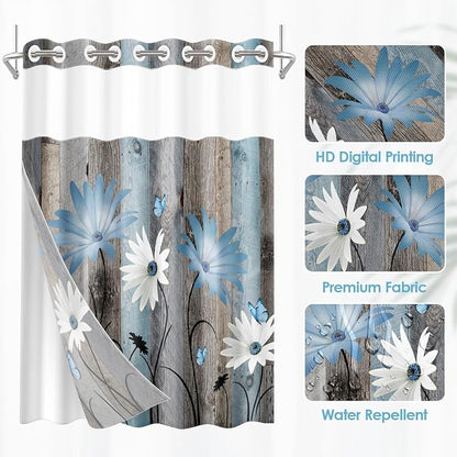 No Hook Shower Curtain with Snap in Liner 71x86 Inch Blue Daisy | Farmhouse Rustic Butterfly Modern Double Layers Waterproof Fabric with See Through Top Window Open Grommet Bath Curtain