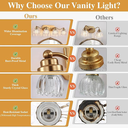Bathroom Vanity Light, Gold Vintage Tulip Glass Shade, Antique Brass Finish | 4 Light Brushed Gold Bathroom Light Fixtures, Crystal Wall Sconce, Mounted Over Mirror for Bedroom Hallway, Easy to Install