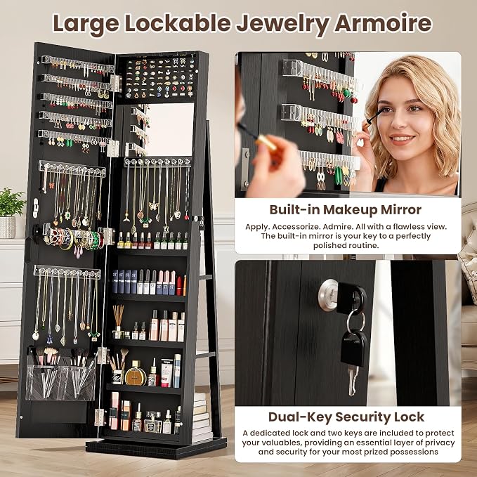 4-In-1 Jewelry Cabinet Jewelry Armoire Lockable Standing, Black | Jewelry Organizer with Storage, Full-Length Mirror, 3 Storage Shelves, Makeup Mirror, 360 ° Swivel Jewelry Armoire for Women