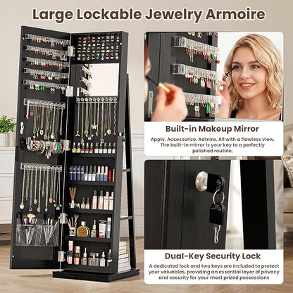 4-In-1 Jewelry Cabinet Jewelry Armoire Lockable Standing, Black | Jewelry Organizer with Storage, Full-Length Mirror, 3 Storage Shelves, Makeup Mirror, 360 ° Swivel Jewelry Armoire for Women