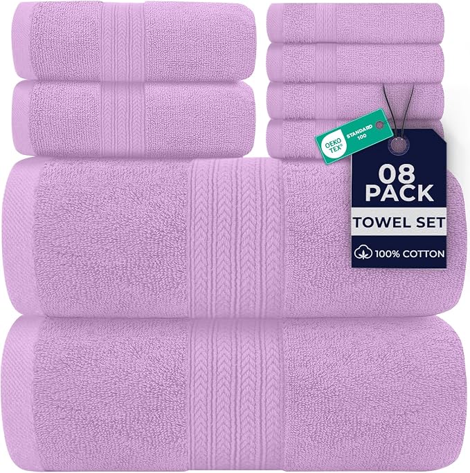 DAN RIVER 8 Piece Luxury Bath Towels for Bathroom, Towel Set, Lavendar | 2 Bath towels, 2 Hand towels, and 4 Wash Cloths, 600 GSM 100% Ring Spun Cotton, Highly Absorbent, Gym, Hotel, guest, and Spa