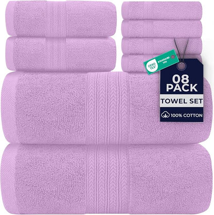 DAN RIVER 8 Piece Luxury Bath Towels for Bathroom, Towel Set, Lavendar | 2 Bath towels, 2 Hand towels, and 4 Wash Cloths, 600 GSM 100% Ring Spun Cotton, Highly Absorbent, Gym, Hotel, guest, and Spa
