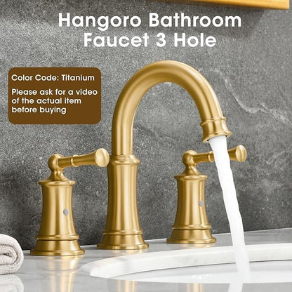 Brushed Gold Bathroom Faucet 8 Inch, Brass Bathroom Faucet, 3 Hole Gold Bathroom Faucet with Pop-Up Drain and 2 Supply Hoses for Vanity, Lavatory, RV Farmhouse (L2304-BG)