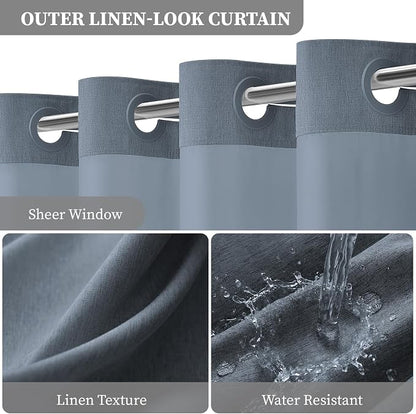 Blue Ringless Linen Textured Shower Curtain with Snap in Liner, 72x75 | 3 in 1 Hotel Shower Curtain Set, Removable Liner, Waterproof & Washable, Mesh Top Window, Durable Fabric, Easy to Install