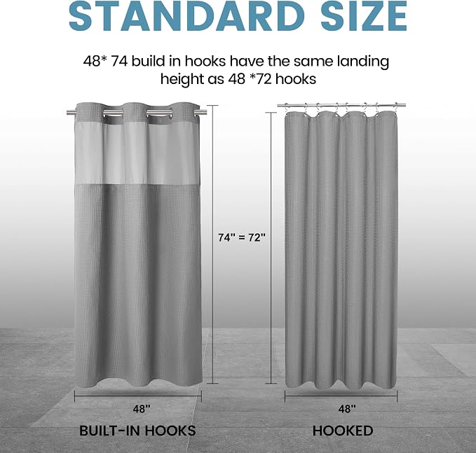 EUTXL Heavyweight No Hook Shower Curtain with Liner, Grey, 48x74 | Snap in Liner, Thick Waffle Fabric, Hotel Quality, Corner Magnets, Waterproof & Washable