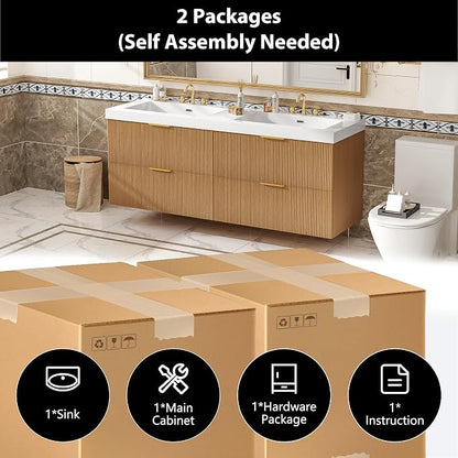 60 in Floating Bathroom Vanity with Double Sink Bathroom Vanity with Soft-Closing,Modern Fluted Bathroom Sink Cabinet,Wall-Mounted (Wood w/4 Drawers,59.3 Inch)