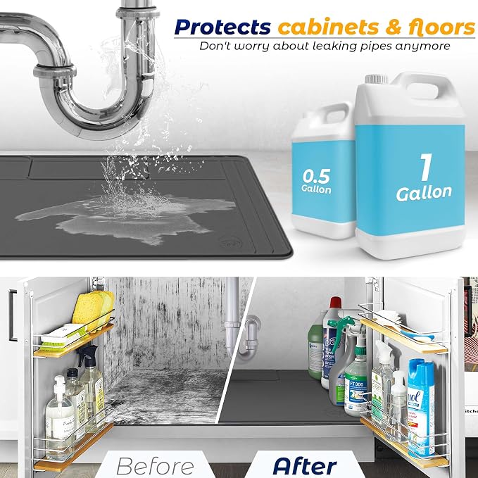 The Original Under Sink Mat - Silicone Waterproof mat, Trimmable, Easy to Clean, Kitchen cabinet liner, Under sink protector mats, Drip Tray with Lip (Dark Gray, 31" x 22")