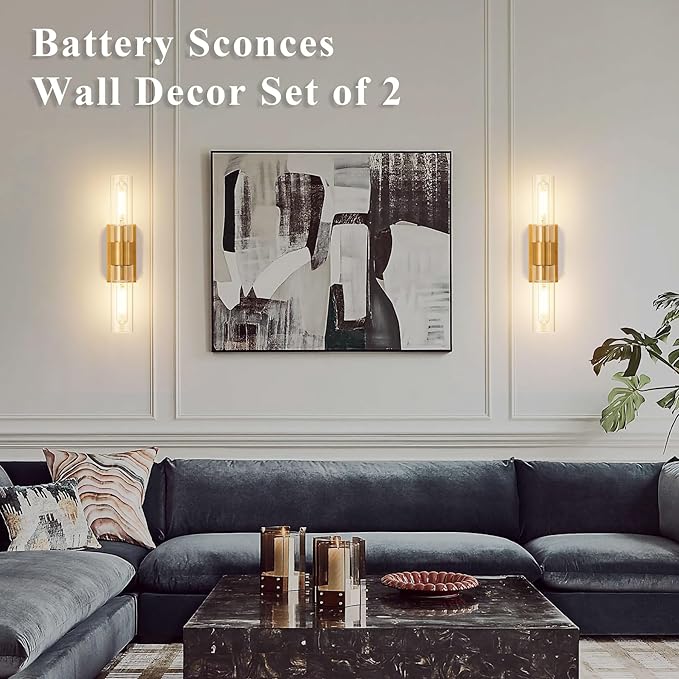 Gold Battery Operated Wall Sconce Set of 2 with Remote Control, 12000mAh Rechargeable Wall Lights, Wireless Dimmable Wall Lamps for Bedroom Living Room Bathroom Hallway Entryway Stairwell